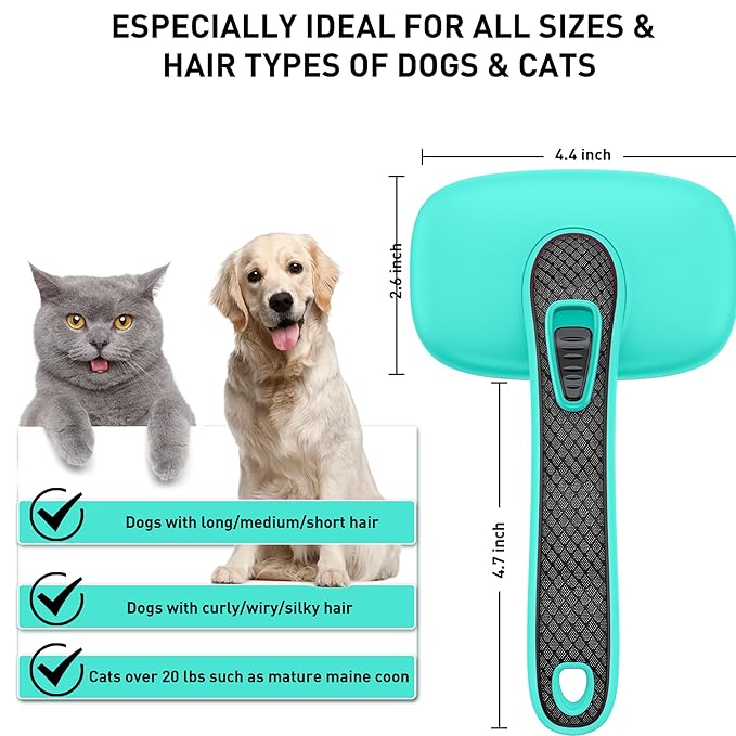 Self Cleaning Slicker Brush for Dog, Skin Friendly Shedding & Grooming Tool for Long and Short Haired Dogs and Cats, Easy Clean Retractable Bristles, Green