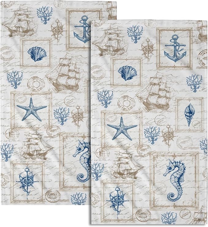Giwawa 2PCs Vintage Nautical Towel Retro Coastal Coral Sailboat Compass Hand Face Towels Summer Seahorse Seashell Soft Microfiber Dish Towel for Bathroom Guest Gym Spa Hotel Season Decor