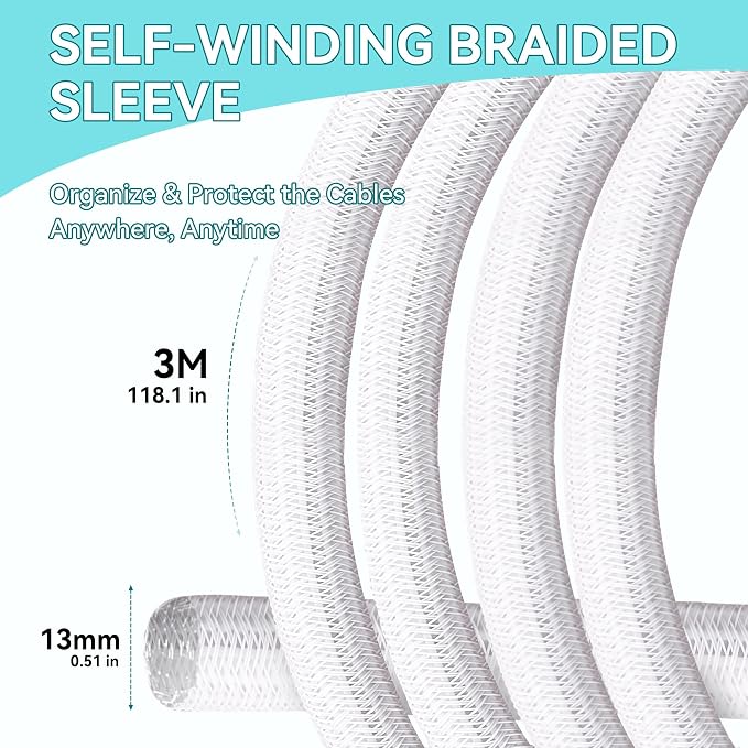 Cable Tidy Sleeve, 13mm(0.51") - 3m(9.84ft)(White) | Cable management tube for PC/TV, self-winding wire tidy organiser for home, office, made of safety PET materials, easy to use