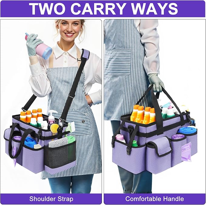 Cleaning Caddy,Cleaning Bag for Housekeepers,Cleaning Supplies Organizer with Handle,Purple