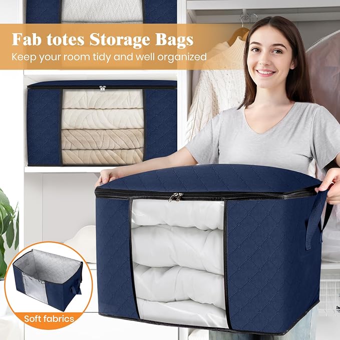 90L Clothes Storage, Foldable Thick Fabric Blanket Storage Bags | Foldable Containers with Zippers,Window and Handles for Organizing Bedroom, Closet, Comforter, Bedding,Dorm essentials