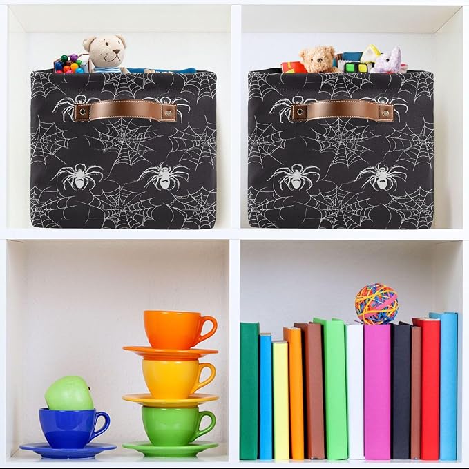 Wamika Happy Halloween Storage Basket with Waterproof Liner and PU Handles Spooky Spider Web Black Storage Bins Boxes 14.2" Collapsible Decorative Organizer Baskets for Bedroom Closet Office 1 Pack
