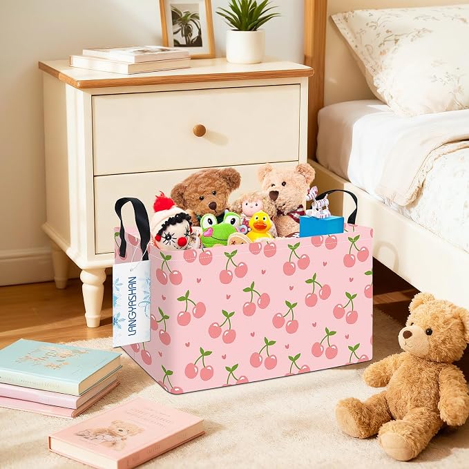 Rectangular Collapsible Pink Cherry Storage Basket Nursery Toy Organizer | Storage Bin Foldable Canvas with Handles for Organizing Home Kitchen Children Toys Office Closet Shelf Baskets