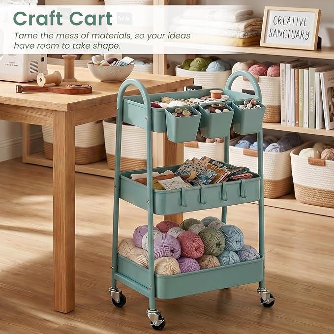 danpinera 3-Tier Rolling Cart, Utility Cart Mobile Metal Rolling Storage Cart with Lockable Wheels & Hanging Cups & Hooks for Kitchen, Bathroom, Office, Workshop, Green