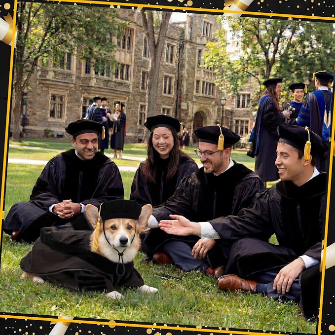 Huhumy 3 Pcs Dog Cat Graduation Doctoral Costume Set, 2026 Pet Phd Graduation Cap and Deluxe Doctoral Gown with Hood Side Tam Puppy Kitty Dogs Grad Holiday Party Costume Accessory(Black,L)