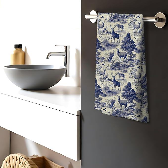 Blue Chinoiserie Forest Animal Deer and Bird Print Decor Hand Towels,Blue and White Farmhouse Animal Decorative Hand Towel for Bath Room Washroom Restroom, 16x24 Inch