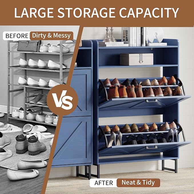 Xixini Shoe Storage Cabinet with 2 Flip Drawers, Entryway Shoe Rack, Blue | Freestanding Narrow Shoe Storage, Hidden Slim Wood Shoe Organizer, Modern Farmhouse, Open Storage & Hooks for Closet, Hallway