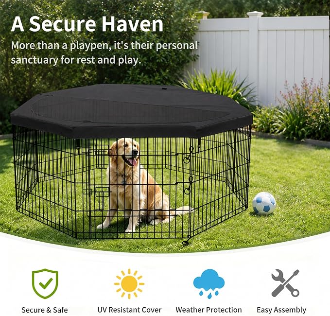 PETIME Foldable Metal Dog Exercise Pen/Pet Puppy Playpen Kennels Yard Fence Indoor/Outdoor 8 Panel 24" W x 30" H with Top Cover