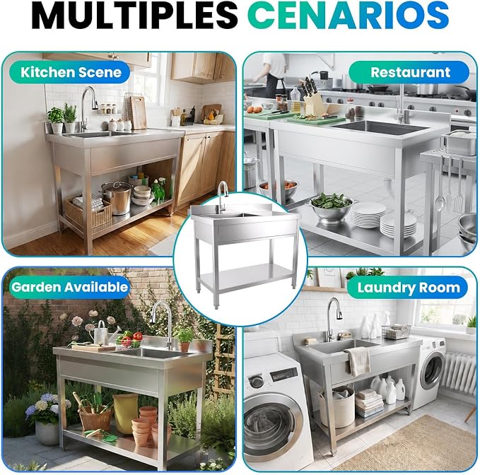Multi-Use Utility Sink, 304 Stainless Freestanding Sink | All-in-one wash & storage design, suitable for backyards, farms, salons and pet grooming stations.