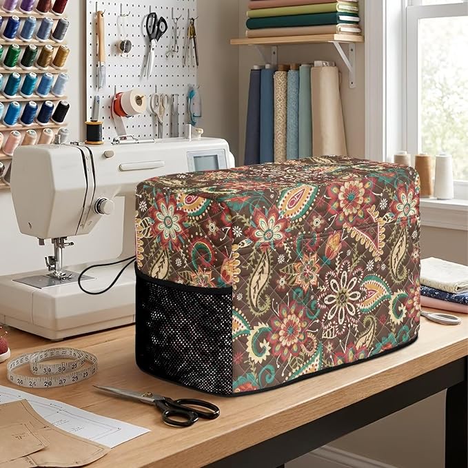 Sewing Machine Cover Polyester Febric Vintage Paisley Floral Print | Dust Pet Hair Protection,Quilting Design,Fits Standard Singer,Brother Janome Machines,Protecting Decorating Your Sewing Space