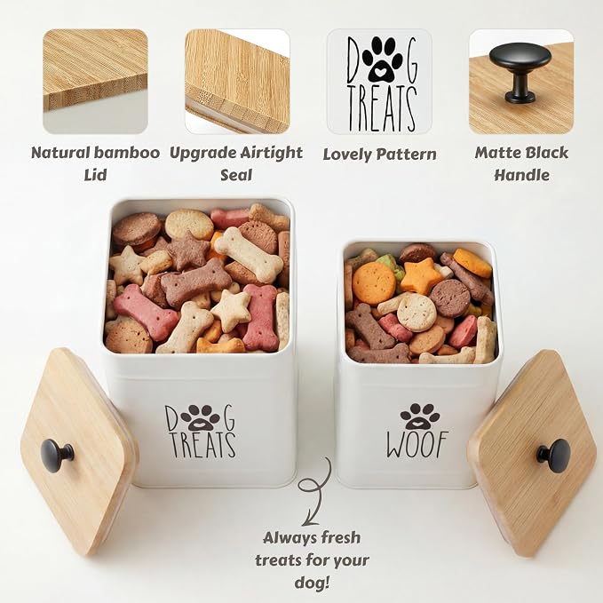 PERFNIQUE Dog Treat Container, Airtight Dog Treat Jar Set of 2, Dog Cookie Jar for kitchen Counter, Pet Treat Container, Dog Treat Canister and Storage, 7.8x6.2 & 7.3x5.5(White)
