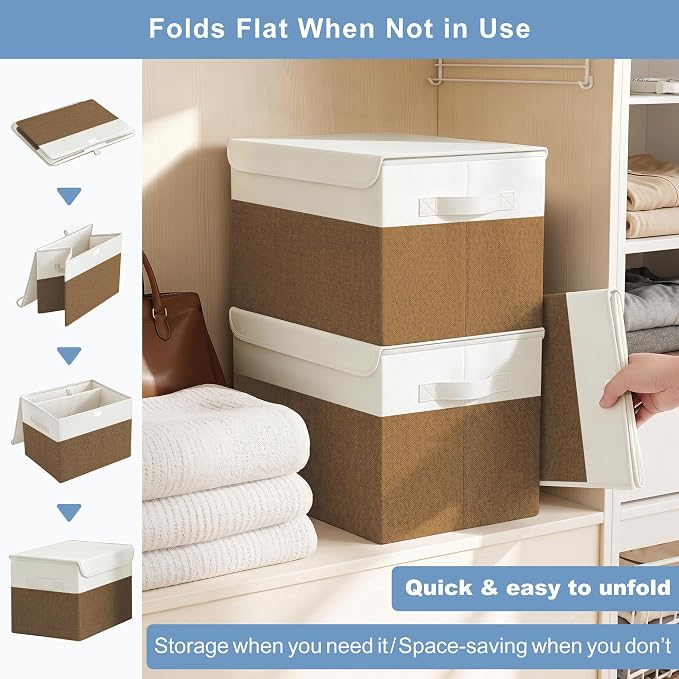 Large 22 Quart Linen Fabric Foldable Storage Bin Cube Organizer Basket with Flip-Top Lid & Handles, Clothes Blanket Box for Home, Office, Closet, Brown & White, 4 Pack 14.6 x 9.5 x 9.5
