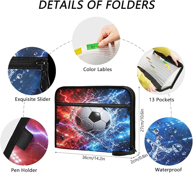 Soccer Neon 13 Pocket File Organizer Expanding File Folder with Front Pouch Portable Business File Storage Document Organizer Folder with Zipper