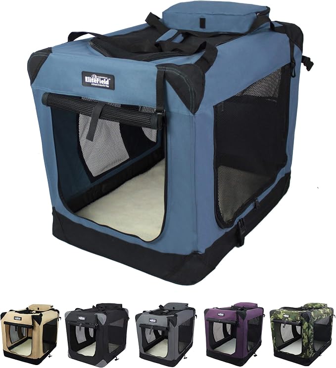EliteField 3-Door Soft Dog Crate with Bed & Carrying Bag (2-Year Warranty) | 3 Mesh Doors, Steel Frame, Removable & Washable Crate Cover and Bed Cover, Storage Pockets, Indoor/Outdoor, Foldable