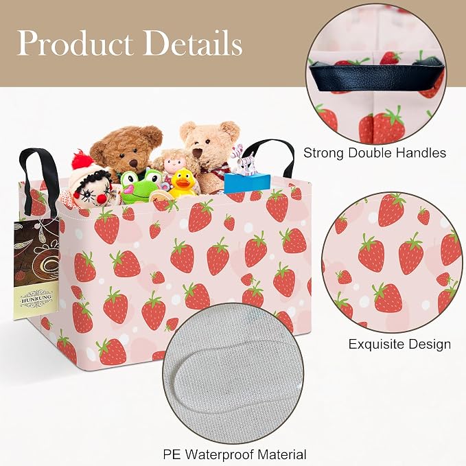 Rectangle Foldable Storage Basket Handles For Home, Pink Strawberry | Waterproof canvas material, reinforced handles, perfect for shelf use, organizes clothes, daily items and pet supplies