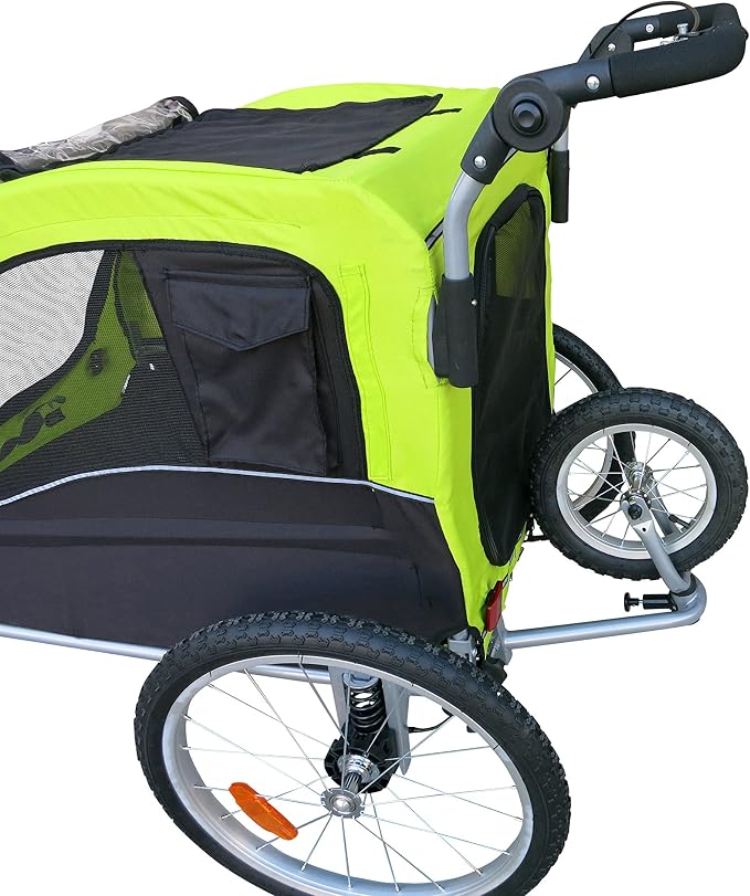 Booyah Large Pet Bike Trailer Dog Stroller & Jogger with Shocks Non Tipping. Green/Yellow