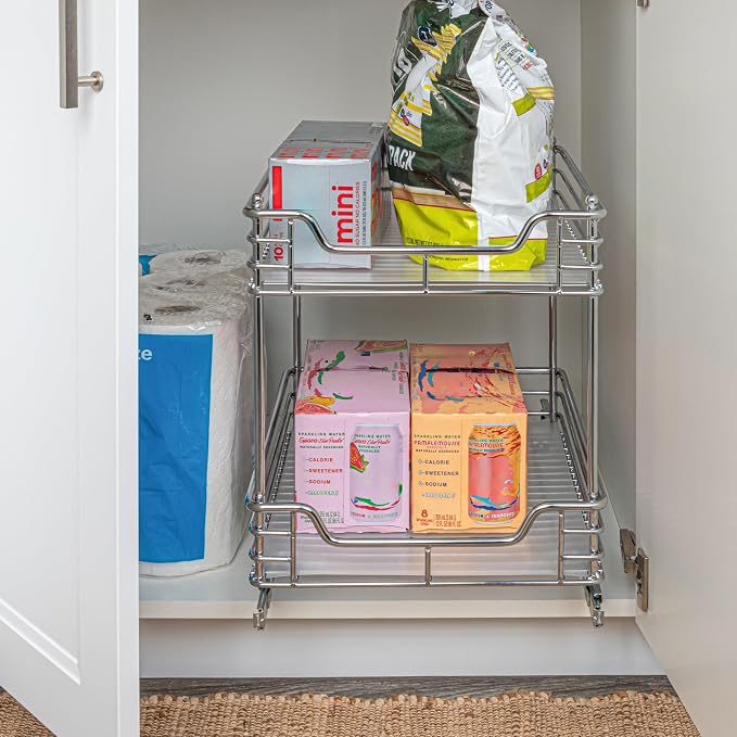 Household Essentials Glidez Chrome-Plated Steel Pull-Out/Slide-Out Storage Organizer with Plastic Liners for Under Cabinet Use - 2-Tier Design - Fits Standard Size Cabinet or Shelf, Chrome