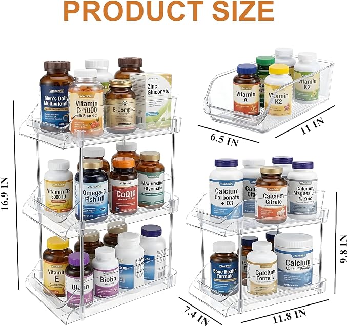 3-Tier Vitamin Storage Organizer, Organizer for Vitamin Bottles And Medicine Bottle, Vitamin Bottle Organizer for Countertop, Bathroom Cabinet Storage Items Are Clearly Visible