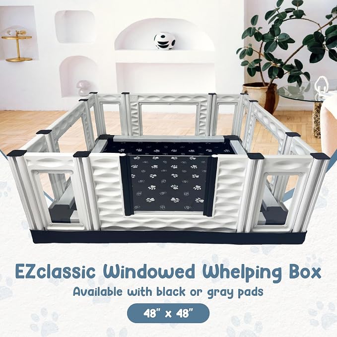 EZclassic 48x48x18 in Whelping Box, Windowed Walls & Rails, Gray | 48x48 padded whelping box with windowed walls, puppy safety rails, waterproof gray pad, and sturdy portable build