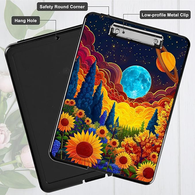 Sunflower Clouds Moon A4 Clipboard with Storage Pen Holder, Clipboards Organizer Nursing Clipboard Foldable File Folder Plastic Clipboard Folio Clip Board for Office Students Classroom