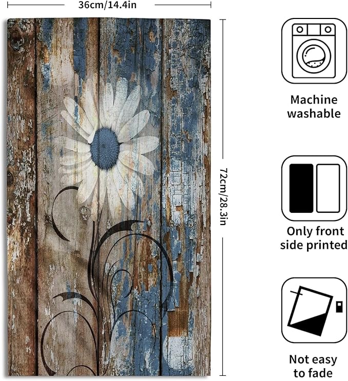 Giwawa Rustic Daisy Board Towels Set of 2, Vintage Flower Print on Blue Grey Brown Plank Hand Fingertip Towel Retro Stripe Face Towel Country Barn Wooden Washcloth for Farmhouse Guest Bathroom Decor