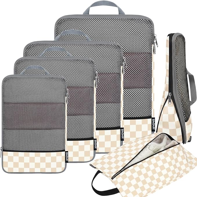 BAGAIL 4 Set/6 Set/8 Set Compression Packing Cubes Travel Accessories Expandable Packing Organizers (Half Mesh, 6-Khaki Checkered)
