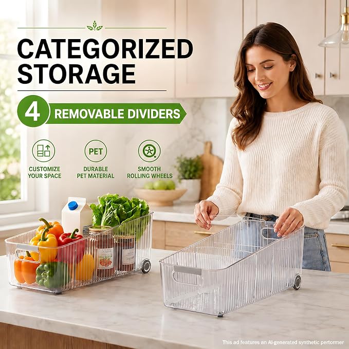 2 Pack Fridge Organizer Bins with Wheels, Clear Roll Out Refrigerator Drawers with Adjustable Dividers and Handles, PET Pantry Storage Bins for Drinks, Snacks, Cans and Cabinet