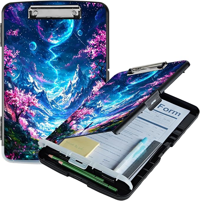 Moon Pink Tree A4 Clipboard with Storage Pen Holder, Clipboards Organizer Nursing Clipboard Foldable File Folder Plastic Clipboard Folio Clip Board for Office Students Classroom Doctor