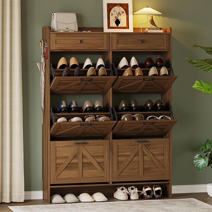 BORNOON Shoe Cabinet for Entryway, Farmhouse Shoe Storage Cabinet with 6 Flip Drawers and 2 Top Drawers, Tall Narrow Shoe Organizer Cabinet with Adjustable Shelves, Side Hooks and Anti-Tip Kit