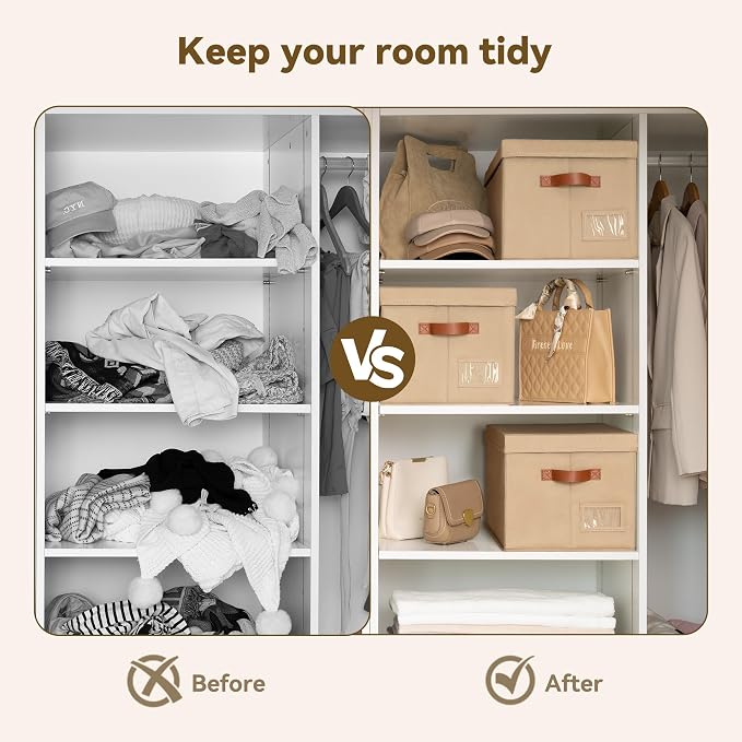 GRANNY SAYS Storage Bins with Lids, Decorative Storage Boxes with Lids | Storage Box with Dust Cover, Handles & Lable, Collapsible, Ideal for Closet Clothes Blanket Toys, Large, Brown, 3-Pack
