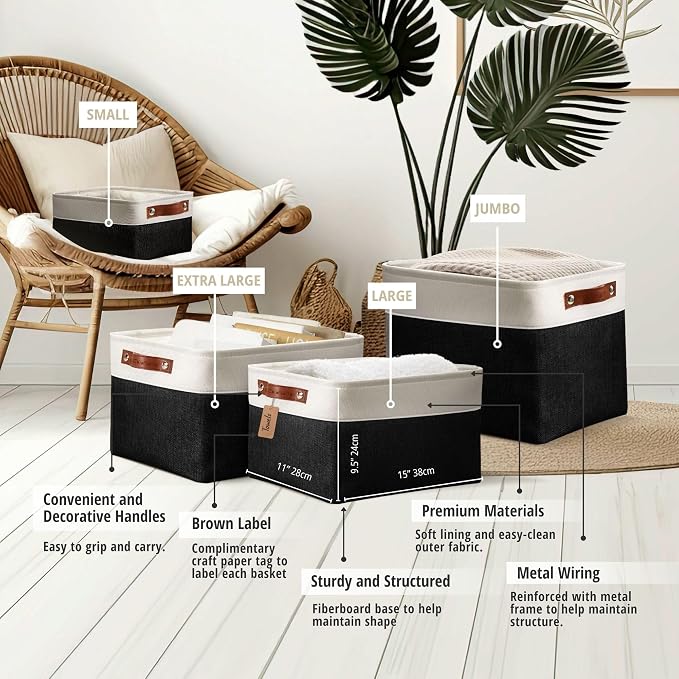 DECOMOMO Storage Bins, Extra Large Fabric Storage Baskets for Shelves 3Pack | 15.8 x 12.5 x 10 inches Decorative Linen Closet Organizers (Black & White)