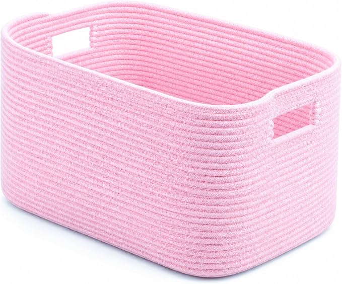 Cotton Rope Laundry Basket Large, 19.2GAL Collapsible Woven Storage Baskets for Living Room Kids Toys Stuffed Animal,Boho Rectangular Decorative Short Hamper for Dirty Clothes, Blankets Light Pink