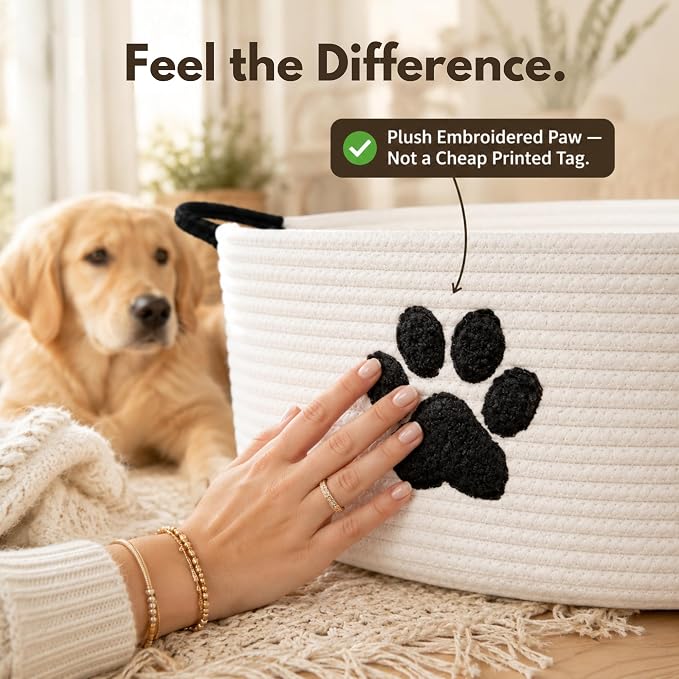 Dog Toy Basket with Handles, Cotton Rope Storage Bin Organizer for Pets | Holds toys, blankets, leashes & dog stuff. Machine washable, collapsible, free-standing woven bin with embroidered paw.