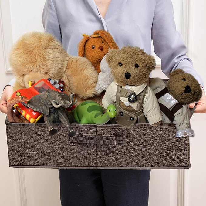 COWOSO Foldable Dog Toy Basket with 3 Handles, Pet Storage Box, Dark Brown | Portable Pet Toy Organizer for Dog Toys & Accessories, Low Front Design, Waterproof Collapsible Storage Bin for Living Room