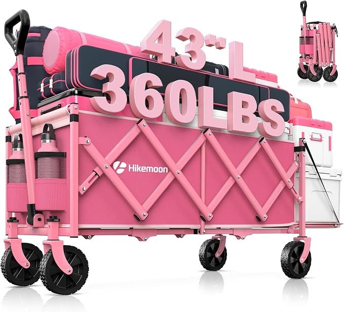 43'' Extra Long Folding Wagon with Extended Tailgate, Pink | Wagons Carts Foldable, 360LBS Heavy Duty, Compact Portable, Utility Collapsible for Shopping/Beach/Garden/Camping/Sports
