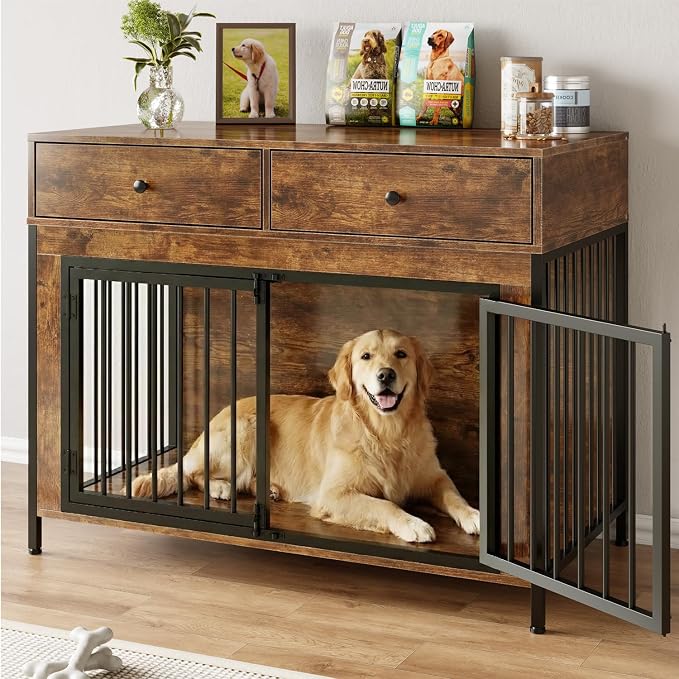PUKAMI Large Dog Crate Furniture with 2 Drawers, 44 Inch Wooden Dog Kennel Indoor, Crate Furniture as Decorative End Table, Cage Furniture for Small Medium Large Dogs (New Brown, 1-Pack Set)