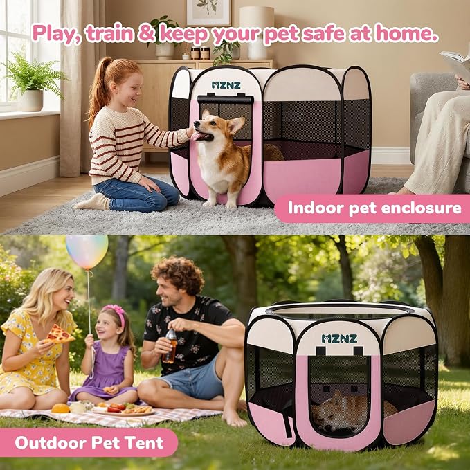 Dog Cat Small Animal Puppy Playpen Crate, Medium, Pink | Portable Pop Up Pet Cage Enclosure Tent Kennel Indoor Outdoor with Carrying Case, No Assembly, Camping Use