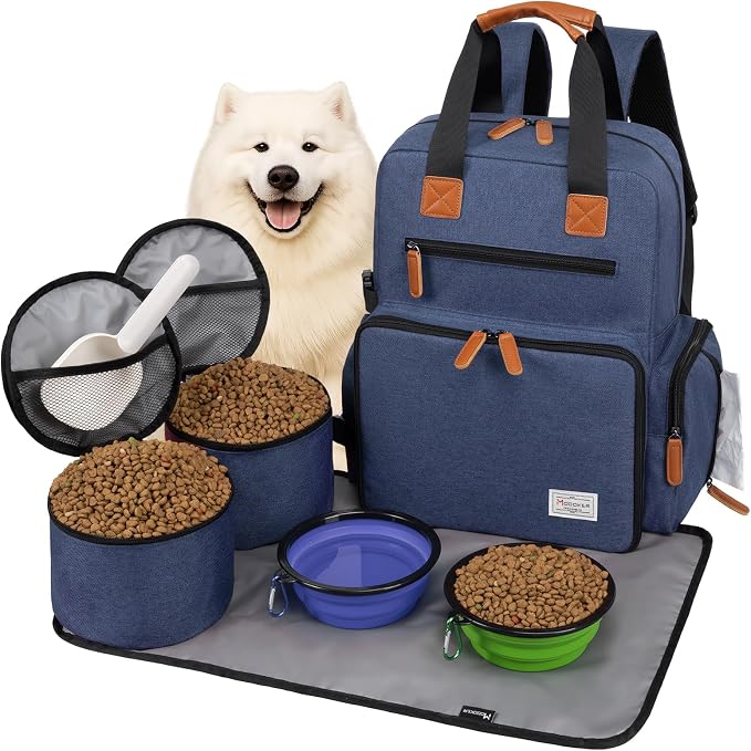 Modoker Dog Travel Backpack Set with 2 Food Bags, 2 Bowls and 1 Mat, Blue | Water-Resistant Oxford Fabric | Roomy Main Compartment | Multiple Functional Pockets | Stroller Strap | Leak-Resistant Lining