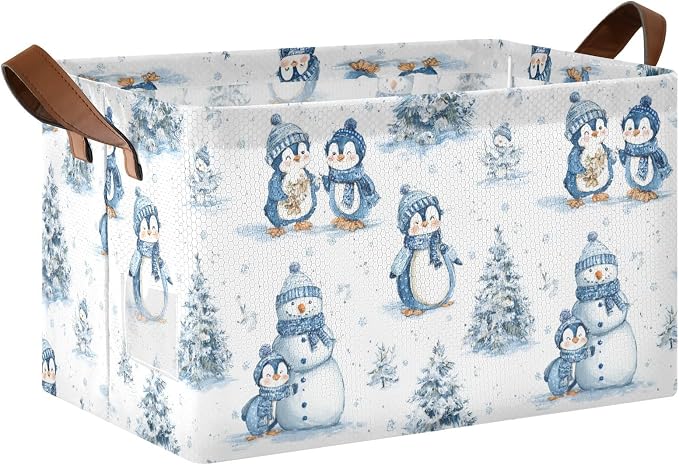 Snowman and Penguin Blue Winter Storage Basket Foldable Cube Storage Bins with Handles&Label Waterproof Collapsible Organizer Box Bin Large Rectangle Decorative Baskets for Shelves Home Room Laundry