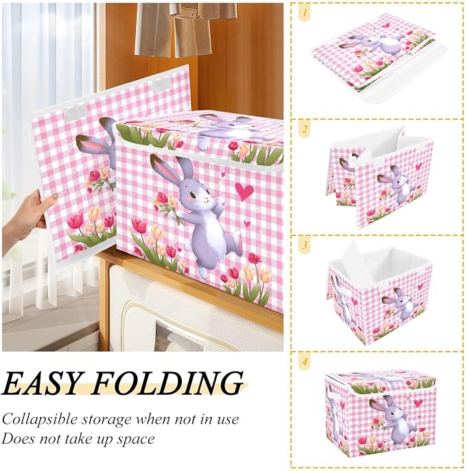 Rabbit Garden Fabric Storage Bins with Lid Closet Storage Basket 40L | Decorative Storage Boxes, Dust-Proof Flip Top, Reinforced Handles, For Home & Bedroom, Clothes & Toy Box, Rabbit Cute Print