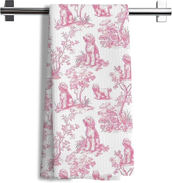Pink Chinoiserie Poodle Kitchen Towels, Standard Poodle Gifts Hand Towels for Kitchen Bathroom Decor,Pink Botanical Grandmillennial Dog Decorative Dish Tea Towels, 16x24 Inch