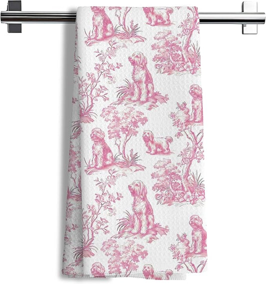 Pink Chinoiserie Poodle Kitchen Towels, Standard Poodle Gifts Hand Towels for Kitchen Bathroom Decor,Pink Botanical Grandmillennial Dog Decorative Dish Tea Towels, 16x24 Inch