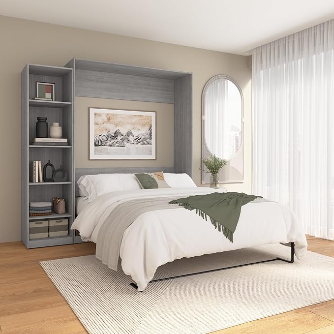 Bestar Queen Murphy Bed with Closet, Platinum Gray, Claremont, 85W | Closet Organizer; supports up to 1000 lb; min. ceiling height 88 in.; for guest room or multipurpose space; 10-year warranty