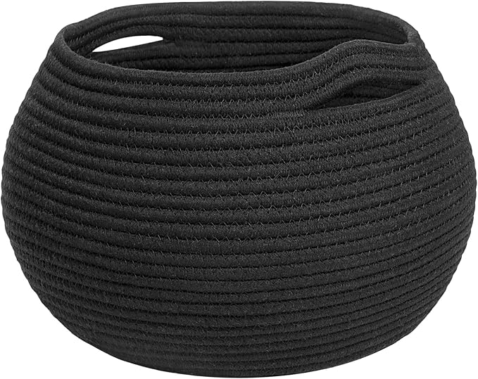 Goodpick Round Woven Rope Storage Basket for Shelves, 10" x 8.3", Black | Decotative Small Basket for Toy Storage, Baby Gift Basket with Handles, Fits Living Roon & Nursery Décor, Plant Baskets