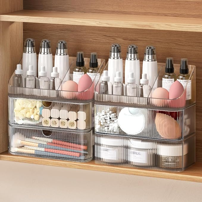 Medicine Cabinet Organizer 3 Tier, Stackable Bathroom Makeup Organizers | Small Bathroom Mirror Cabinet Storage with 2 Drawer and 1 Tray for Wall Cabinet，Closet，Vanity, Countertop, Clear