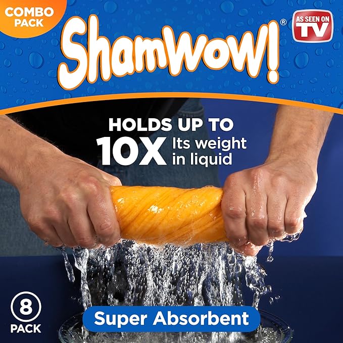 ShamWow Original Super Absorbent Multi-Purpose Cleaning Shammy Chamois Towel Cloth - Holds 10X its Weight in Liquid - Machine Washable - Will Not Scratch (8 Pack: 4 Large Orange & 4 Small Blue).