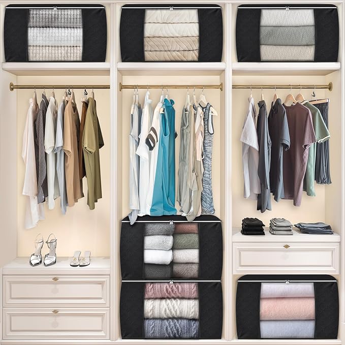 90L Clothes Storage, Foldable Thick Fabric Blanket Storage Bags | Foldable Containers with Zippers,Window and Handles for Organizing Bedroom, Closet, Comforter, Bedding,Dorm essentials