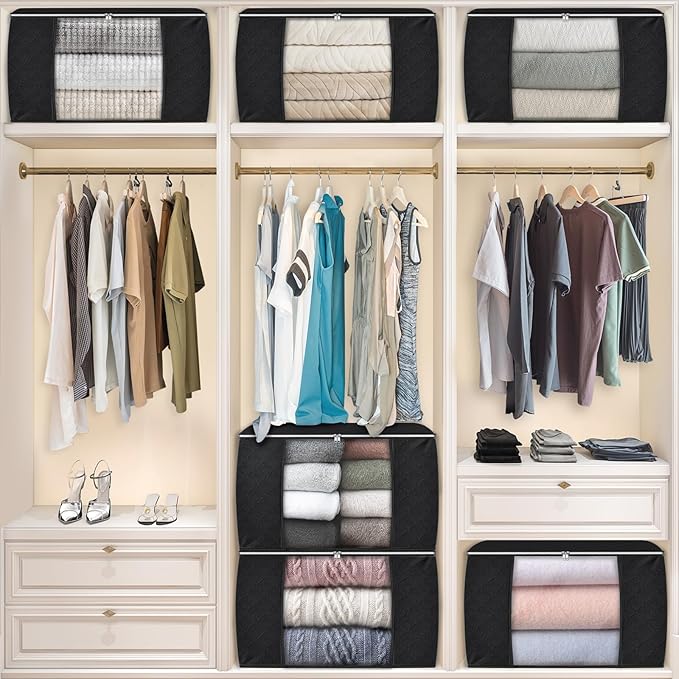 90L Clothes Storage, Foldable Thick Fabric Blanket Storage Bags | Foldable Containers with Zippers,Window and Handles for Organizing Bedroom, Closet, Comforter, Bedding,Dorm essentials