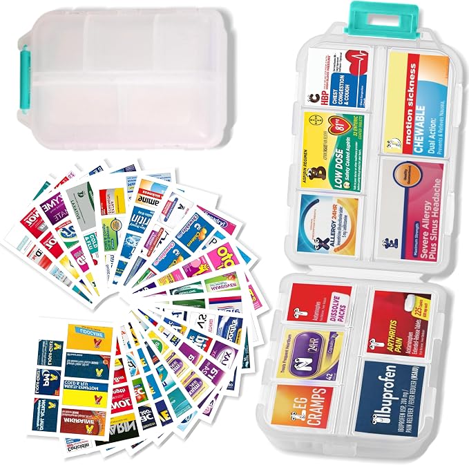 Pill Organizer with 161 Medicine Labels, Daily Travel Pill Case (White) | Compact 10-compartment pill case and pill box with 161 medicine labels for 7-day planning, vitamins, supplements, and travel