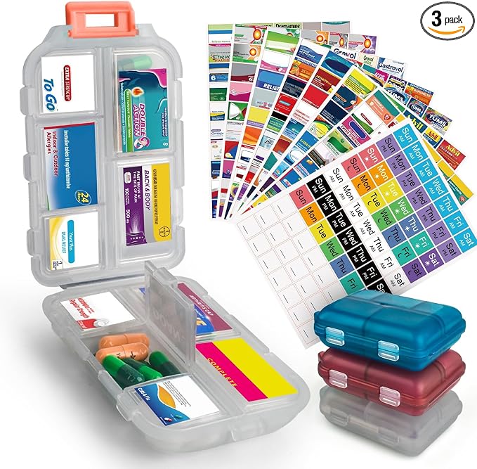 3 Pcs DIY Travel Pill Organizer with Labels Pocket Pharmacy, 3 Pill Box & 420 Medicine Labels, Portable Travel Essentials Mini Pill Container 7 Day Pill Case Storage Vitamin Fish Oil (Set B)